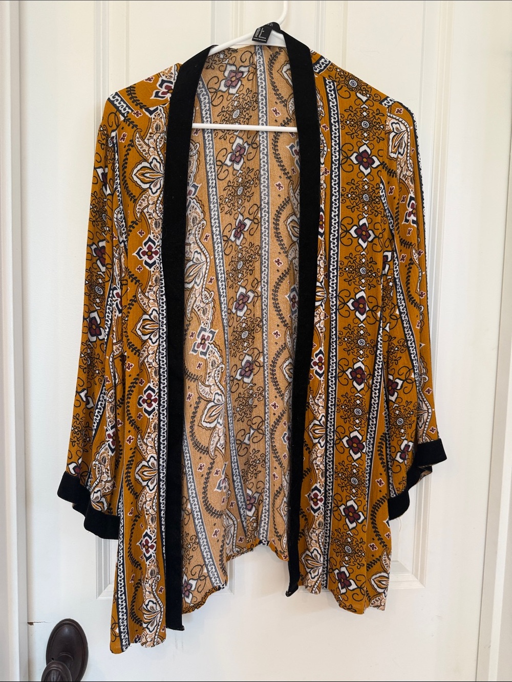 Forever 21 Mustard Floral Paisley Kimono Cape with Black Trim